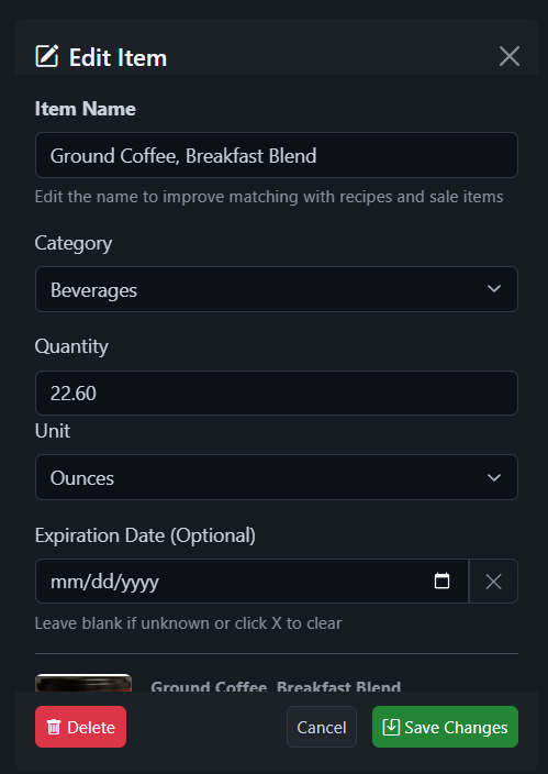Edit item with expiration date in dark mode