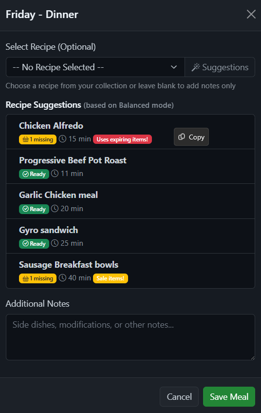 Recipe with expiring items badge in dark mode