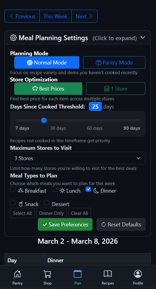 Meal planning settings in dark mode