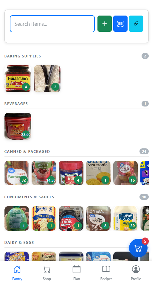 Savvy Feaster pantry dashboard in light mode