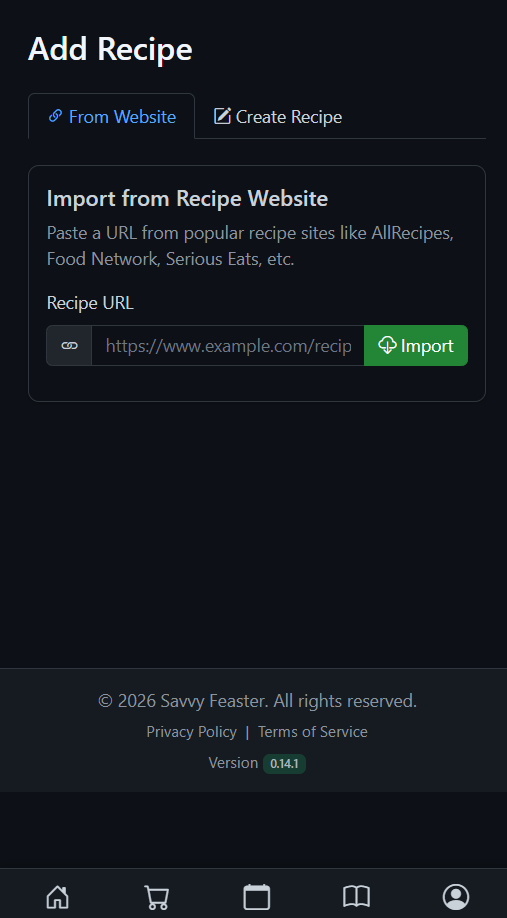 Recipe import page in dark mode