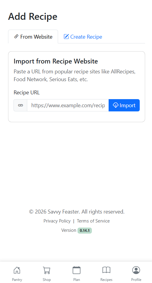 Recipe import page in light mode