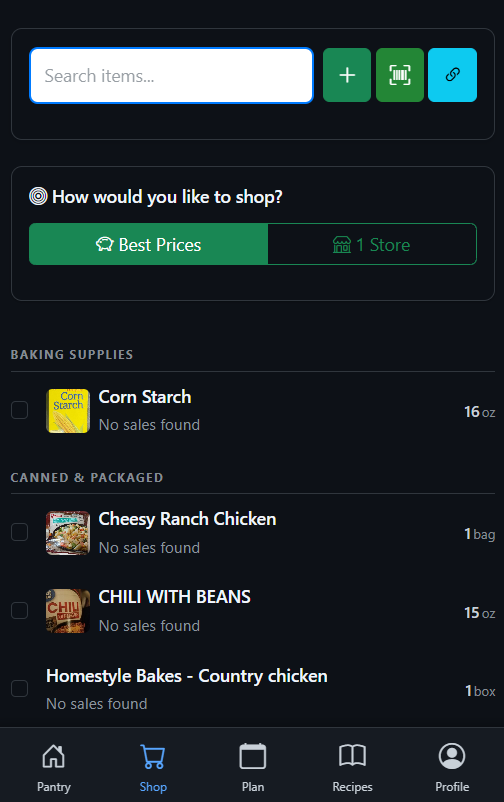 Shopping list in dark mode